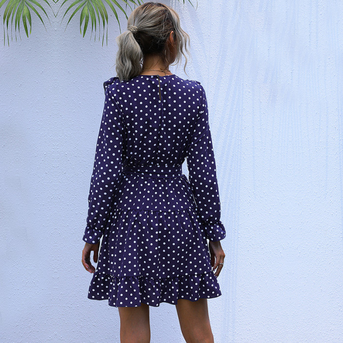 Vintage Dot Print Casual O Neck Ruffles Mini Dress