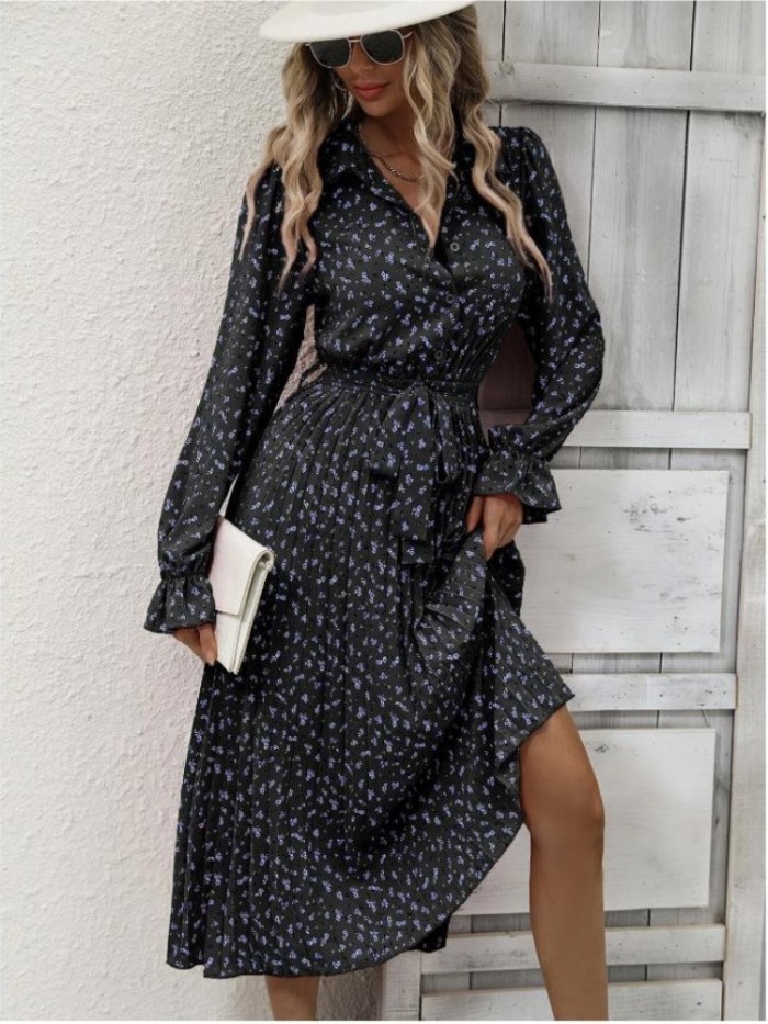 Vintage Floral Print Casual V-neck Midi Dress