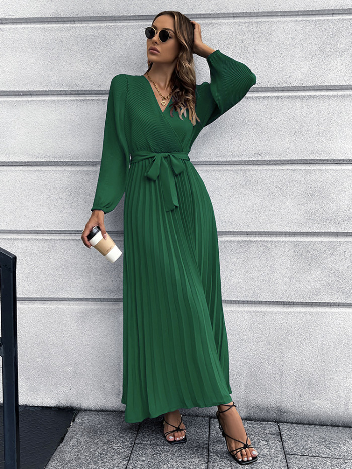 Elegant Casual V-neck High Waist Sashes Vintage Maxi Dress