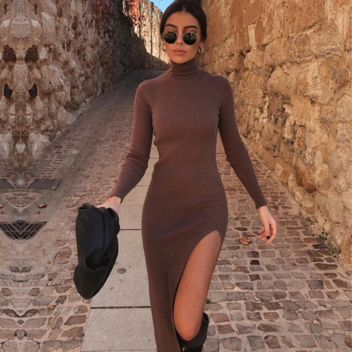 Long Sleeve Turtleneck Elastic Midi Sweater Dress