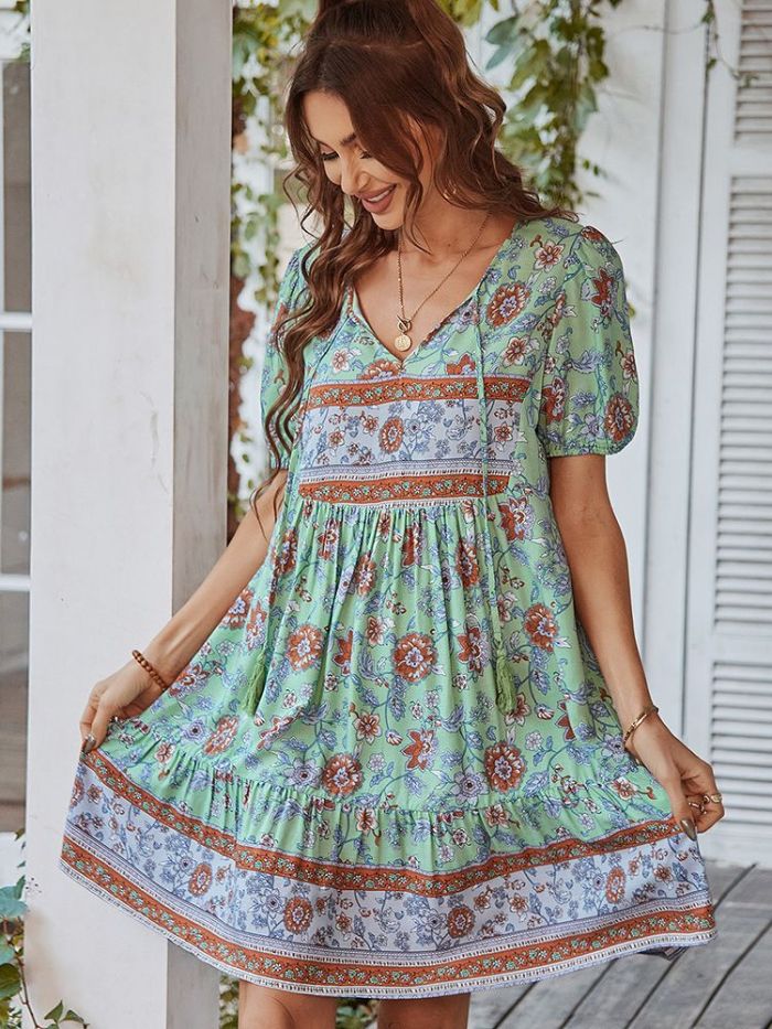 Boho Floral Print Loose Casual High Waist Ruffles Sleeve Mini Dress
