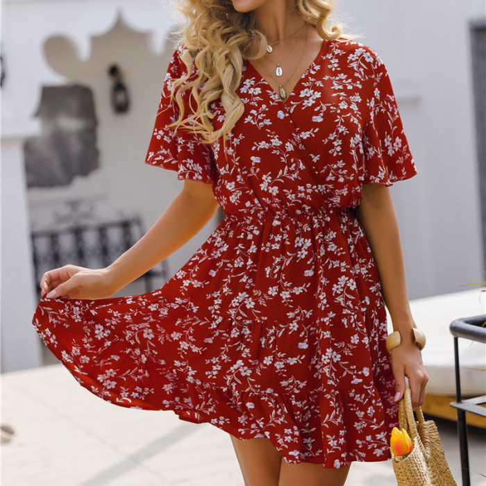 Sexy Print Casual Ruffles Party Beach Mini Dress