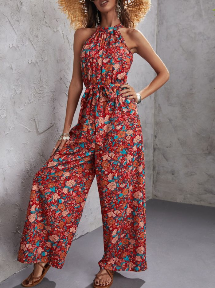 Sexy Floral Print Wide Leg Loose Jumpsuits
