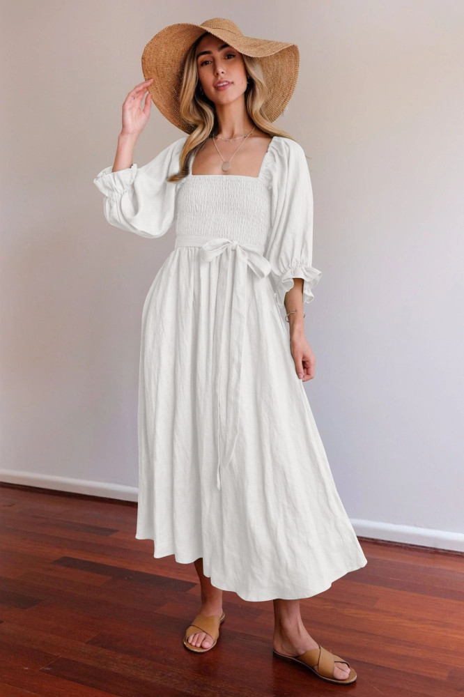 Fashion Vintage Loose Beach Causal V-neck Midi Dress