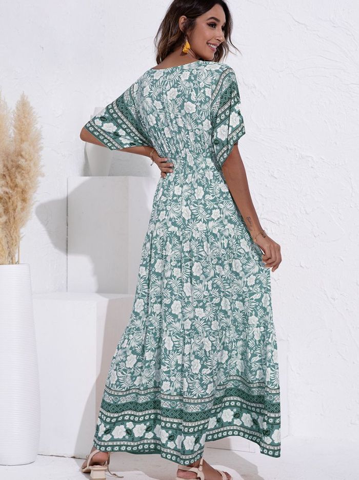 Bohemian Fashion V-Neck Print Casual High Waist Maxi Dress