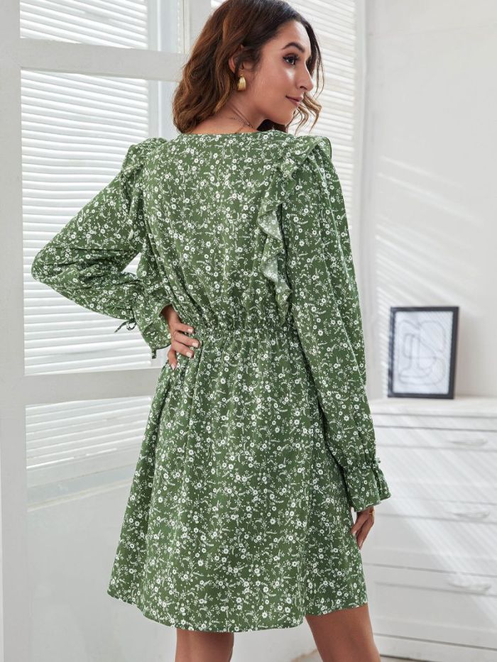 Vintage Print Casual Long Sleeve Ruffles Mini Dress