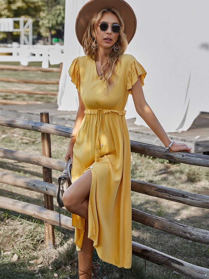 Casual V-neck Tassel Ruffles Split Midi Dress