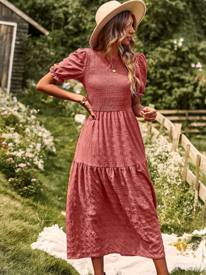 Bohemia Puff Sleeve Casual High Waist Vintage Maxi Dress
