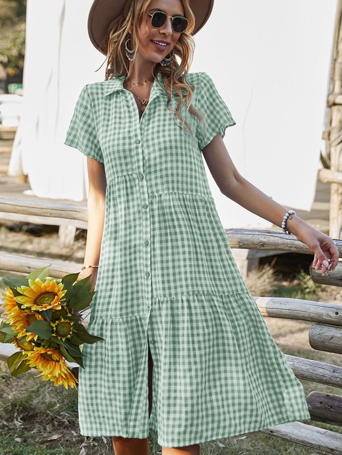 Vintage Boho Casual Loose Holiday Plaid Beach Midi Dress