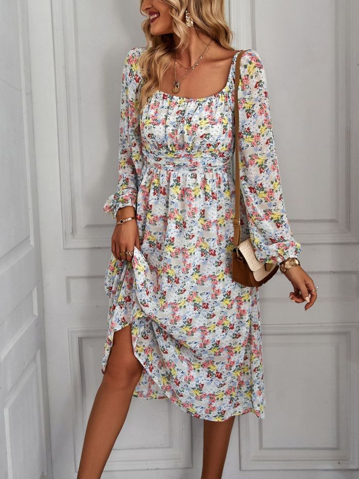 Bohemia Floral Print Casual Square Collar Midi Dress