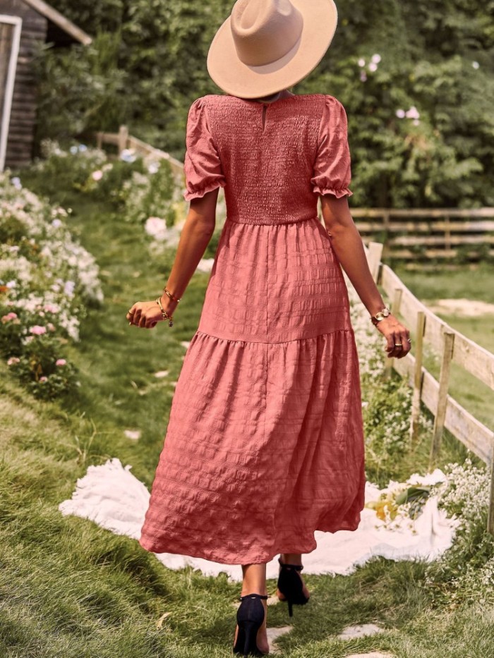 Bohemia Puff Sleeve Casual High Waist Vintage Maxi Dress