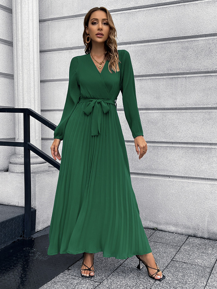 Elegant Casual V-neck High Waist Sashes Vintage Maxi Dress