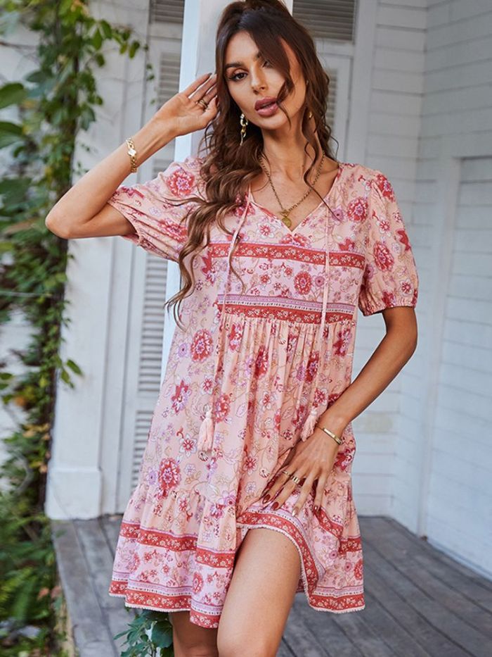 Boho Floral Print Loose Casual High Waist Ruffles Sleeve Mini Dress