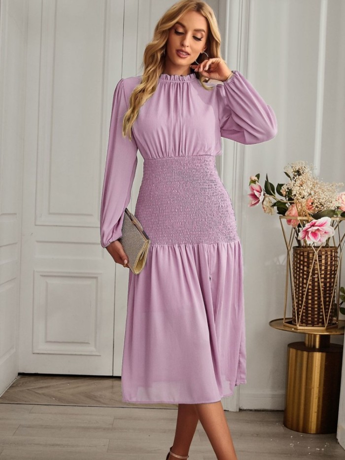 Elegant Ruffles Round Neck Long Sleeve Sexy Midi Dress