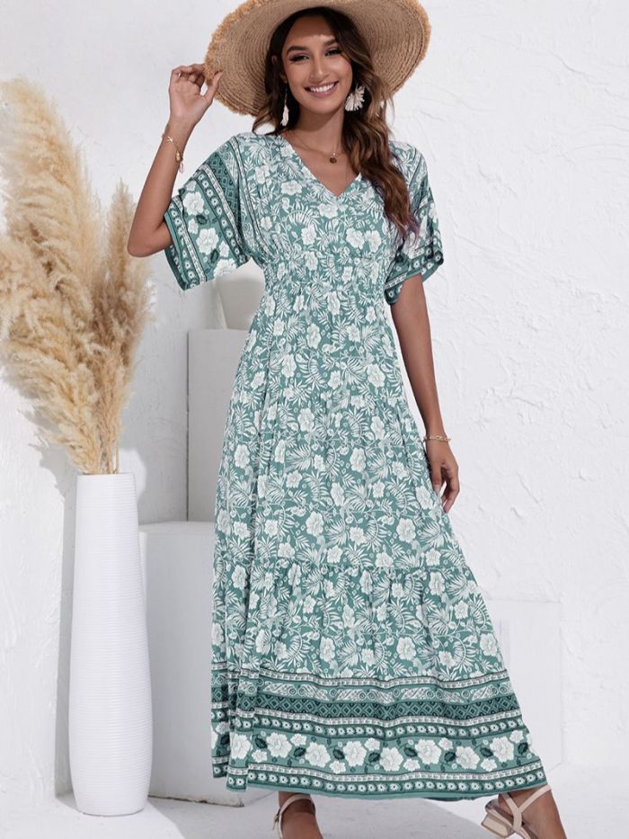 Bohemian Fashion V-Neck Print Casual High Waist Maxi Dress
