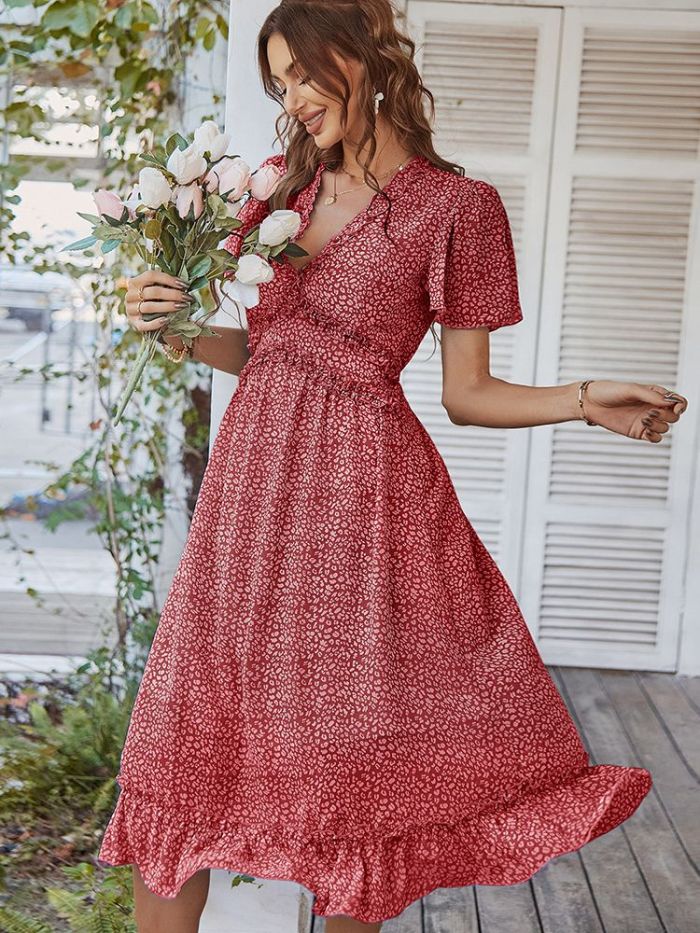 Vintage Print Chiffon Casual Ruffles Bohemian Midi Dress