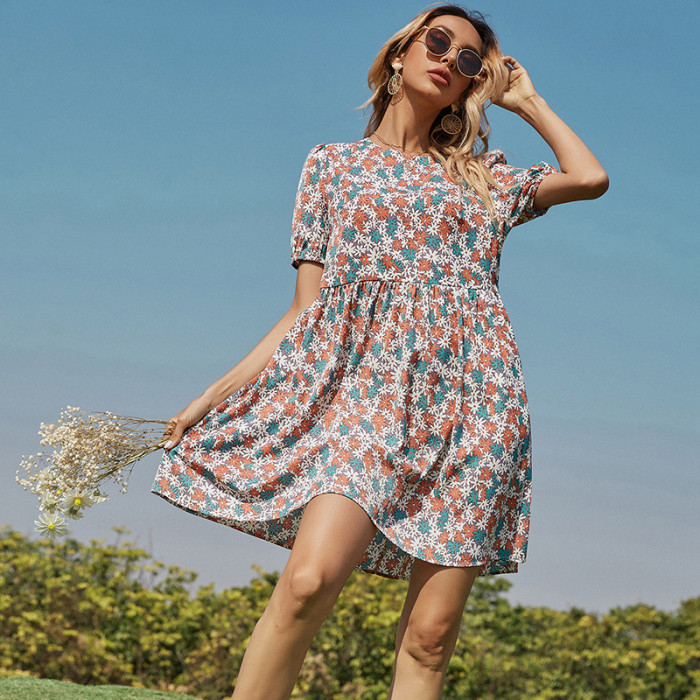 Sexy Floral Print O Neck Casual Beach Mini Dress