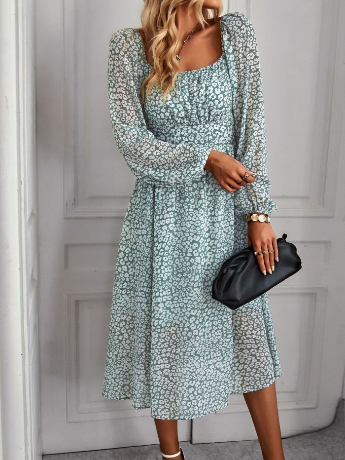 Bohemia Floral Print Casual Square Collar Midi Dress