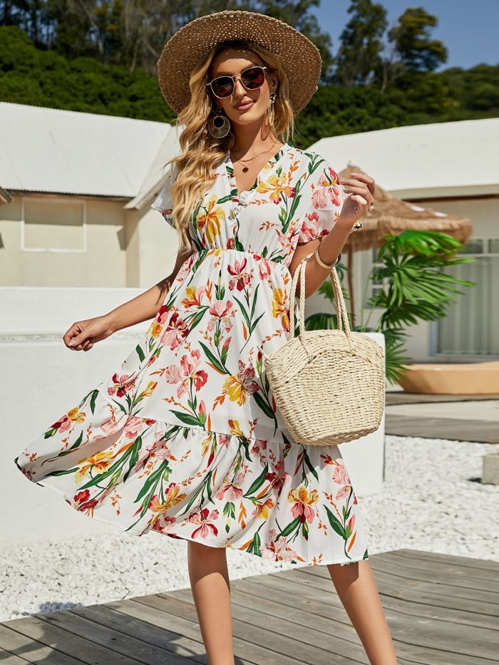 Ladies Boho Floral Print Casual Ruffles Party Dress