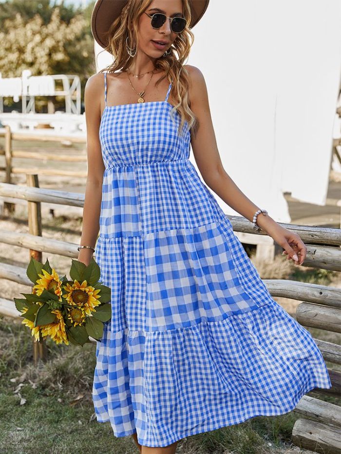 Vintage Plaid Sexy Casual Ruffles Beach Midi Dress