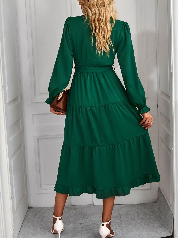 Elegant Vintage V-neck Full Sleeve Ruffles Midi Dress