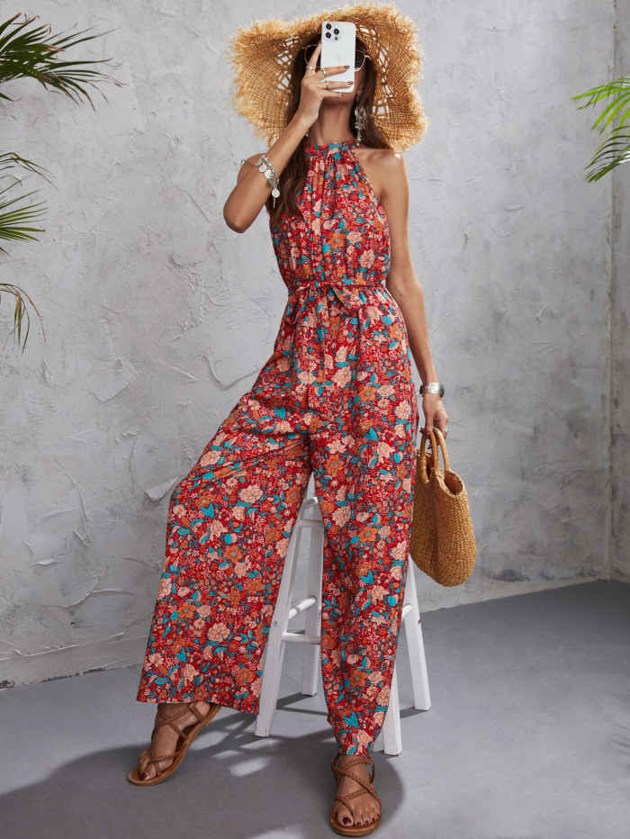 Sexy Floral Print Wide Leg Loose Jumpsuits