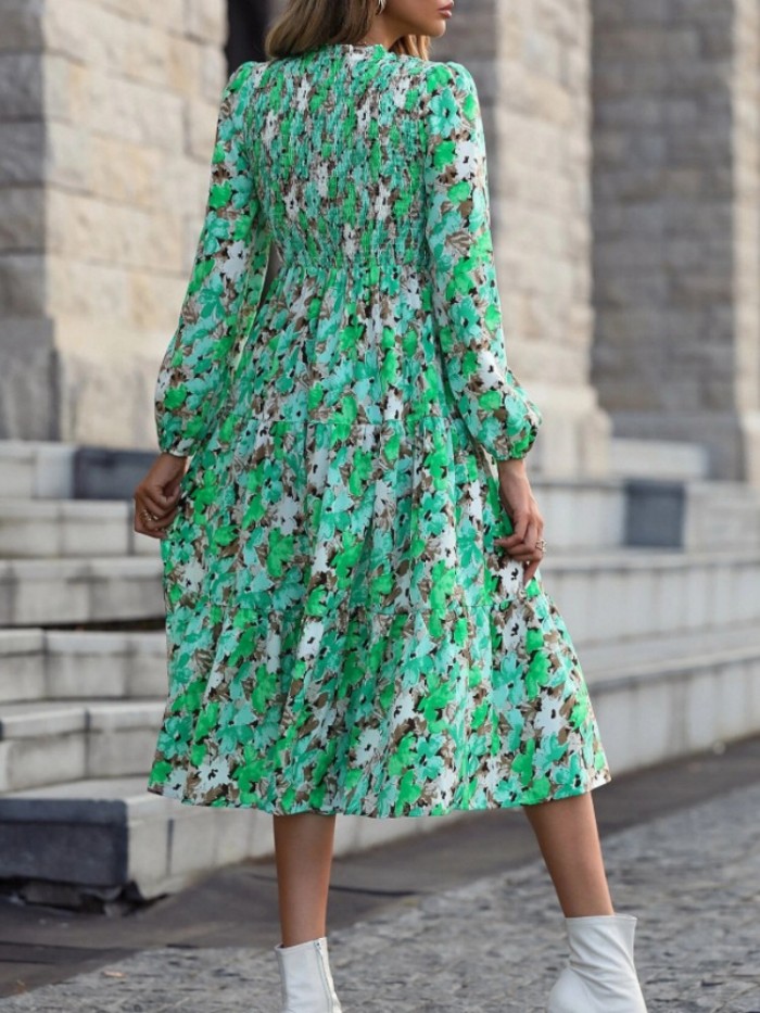 Elegant Floral Print Causal Midi Dress