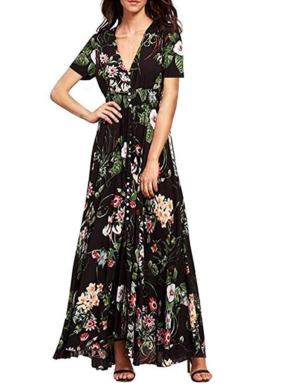 Women's Button Up Split Print Flowy Party Maxi Dress