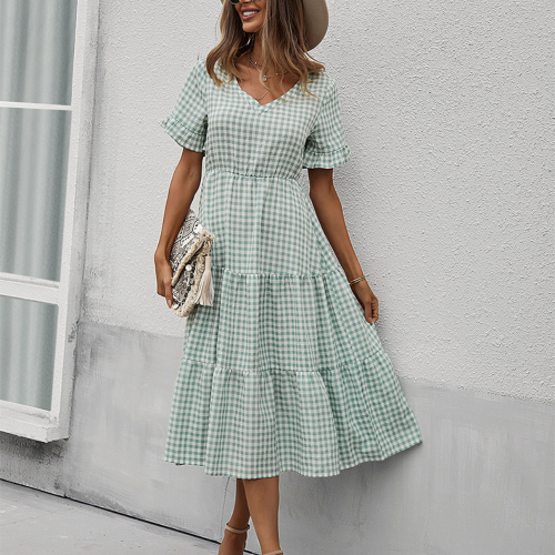 Vintage Plaid Casual Ruffles High Waist Party Beach Midi Dress