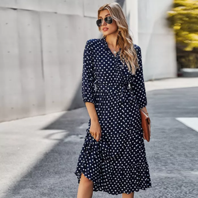 Vintage Dot Print Casual Ruffles V Neck Dress