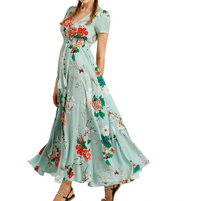 Women's Button Up Split Print Flowy Party Maxi Dress