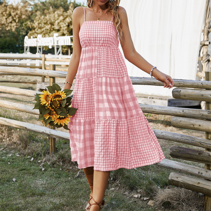Vintage Plaid Sexy Casual Ruffles Beach Midi Dress