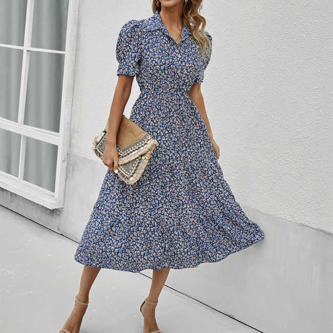 Vintage Floral Print Casual Ruffles Midi Dress