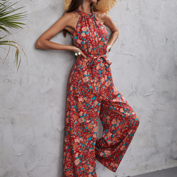 Sexy Floral Print Wide Leg Loose Jumpsuits