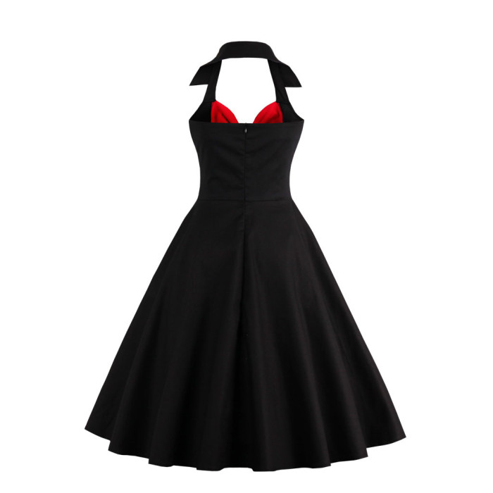 Vintage Summer Casual Women's Black Floral Print Elegant Party Dress 1950 Vintage Dresses