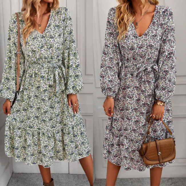 Bohemia Floral Print Loose Causal V-neck Vintage Midi Dress