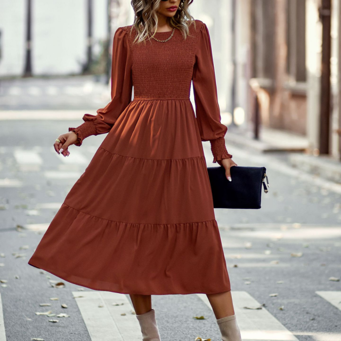 Vintage Lantern Sleeve Fashion Causal Midi Dress