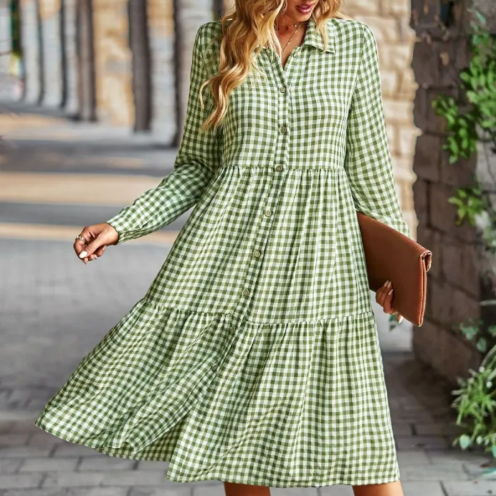 Plaid Print Casual V-neck Ruffles Loose Shirt Dress