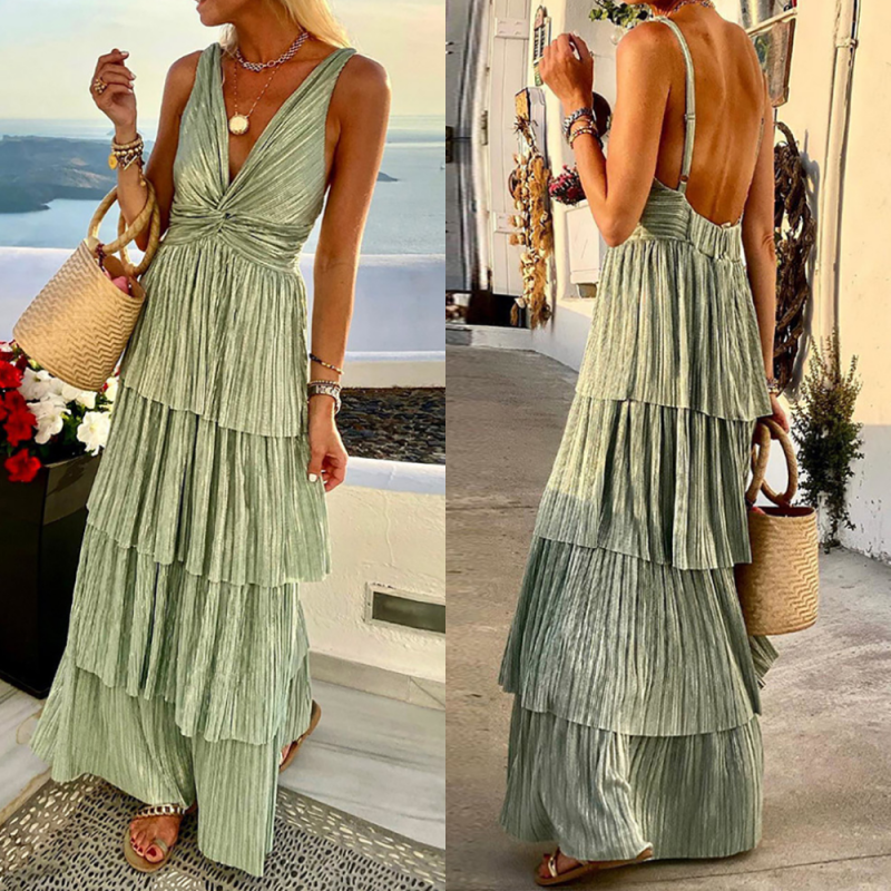 Elegant Ruffles Sexy Deep V Neck Backless Casual Evening Dress