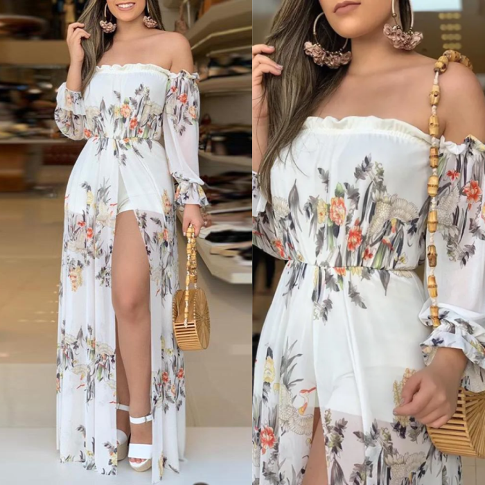 Floral Print Design Thigh Slit Maxi Dresses