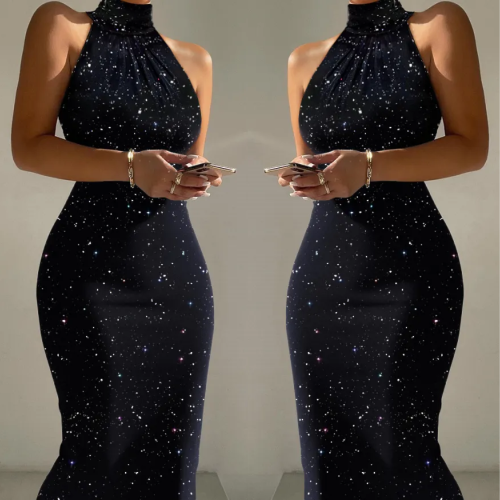 Glitter High Neck Sleeveless Bodycon Dress Sexy Evening Dress