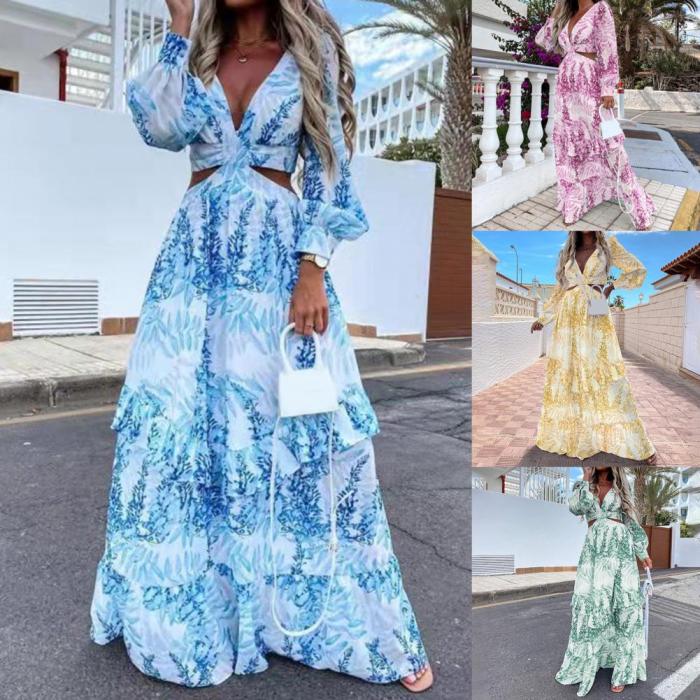 Bohemian Long Sleeve Deep V Neck Floral Maxi Dress