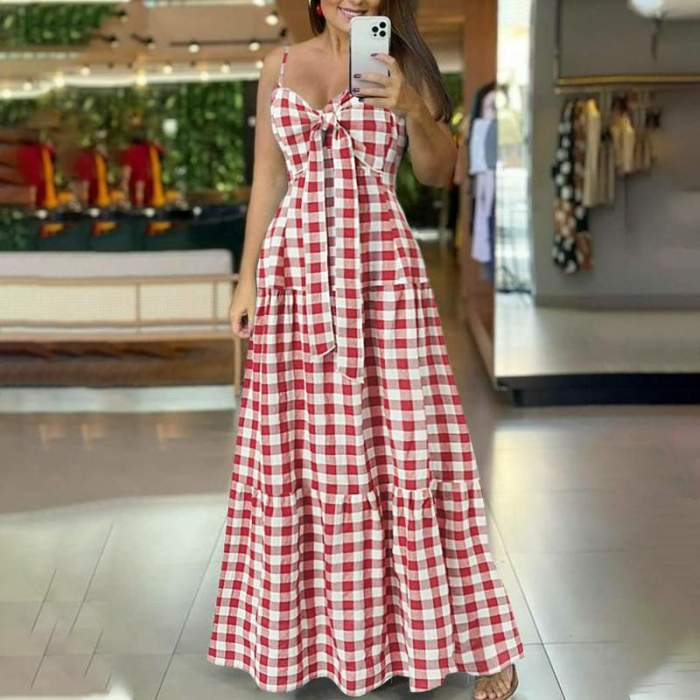 Sexy Bohemian Plaid Sleeveless Maxi Dress