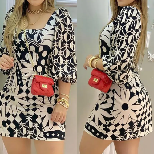 Floral Print Lantern Sleeve Casual Square Neck Mini Dress