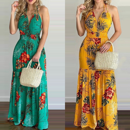 Women Tropical Print Sexy Halter Backless Maxi Dress