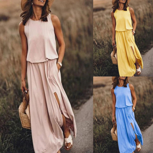 Sleeveless Elastic Waist Beach Maxi Dress