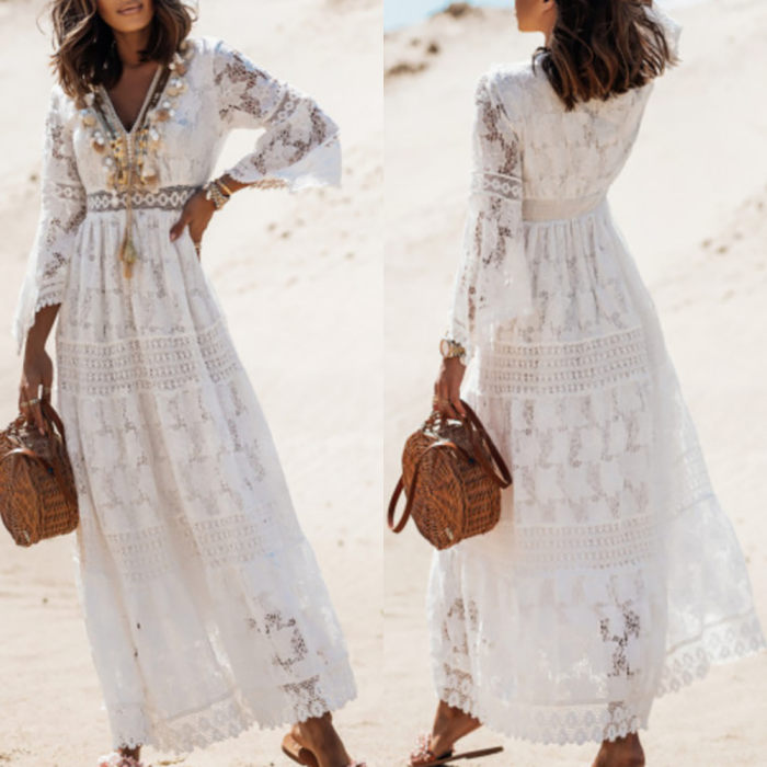Elegant V Neck Loose Flare Sleeve Lace Hollow Out Casual Maxi Dress
