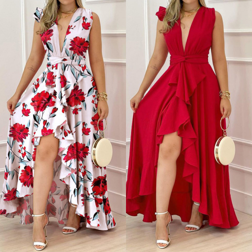 Ruffle Hem Split Thigh Party Sexy Deep V Neck Sleeveless Maxi Dress