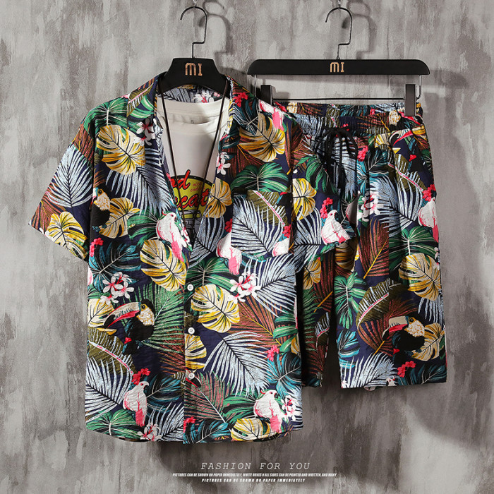 New Fashion Short Sleeve Casual Floral Shirt And Shorts Two Piece Set