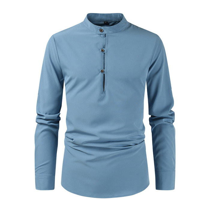Men Casual Loose Standing Collar Solid Color Shirts